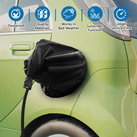 Heavy Duty EV Charging Port Cover Keeps Your Electric Ride Safe With All Season Weatherproof Shields Strong Mag Grip, shown on green car.