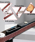Knockout Belt Sander Attachment For Angle Grinder, Bandfile Conversion Kit With 20 Premium Grit Belts showing various grinding applications.