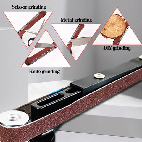 Knockout Belt Sander Attachment For Angle Grinder, Bandfile Conversion Kit With 20 Premium Grit Belts showing various grinding applications.