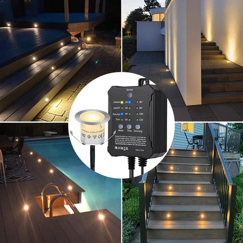 Smooth Dimmable LED Deck Lights With Timer And Photocell Sensor, 20 Pack Recessed Light Kits along garden and patio steps.