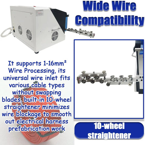 Automatic Wire Stripping And Bending Machine 110V 750W Heavy Duty Electric Crimping Tool with 10-wheel straightener for wire processing.