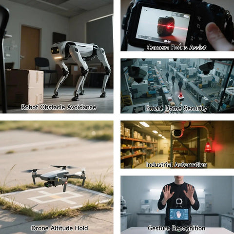 Collage showing robot using 5 Pack Lidar Sensor 2m Range High Precision ToF Distance Module With I2C Interface for various applications.