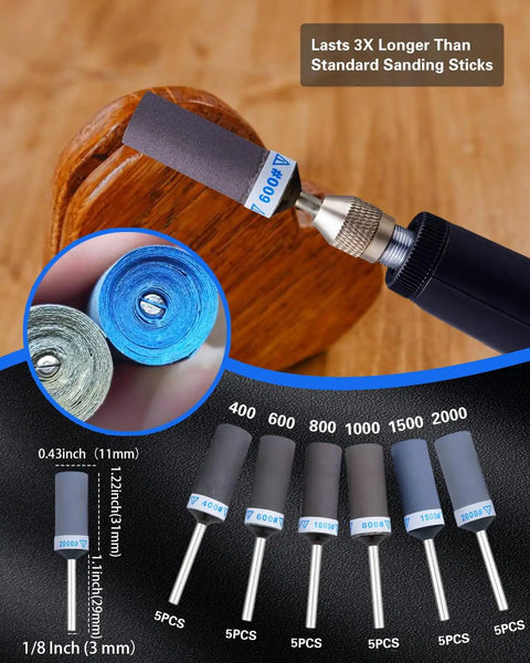 30Pcs Sanding Drums Set For One Eighth Inch Shank Rotary Tools Pro Grade Grit Progression 400 600 800 1000 1500 2000