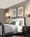 Bedroom with set of 2 industrial wall sconces with beige fabric shades, black finish, modern retro yet cozy vanity lights for warm vibe
