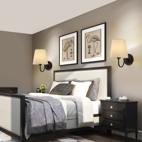 Bedroom with set of 2 industrial wall sconces with beige fabric shades, black finish, modern retro yet cozy vanity lights for warm vibe