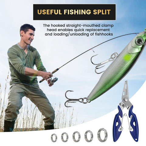 Man fishing with rod, close-up of Heavy Duty Stainless Steel Split Ring Set With Pliers 200 Pcs Fishing Lures Rigs Leaders Connector