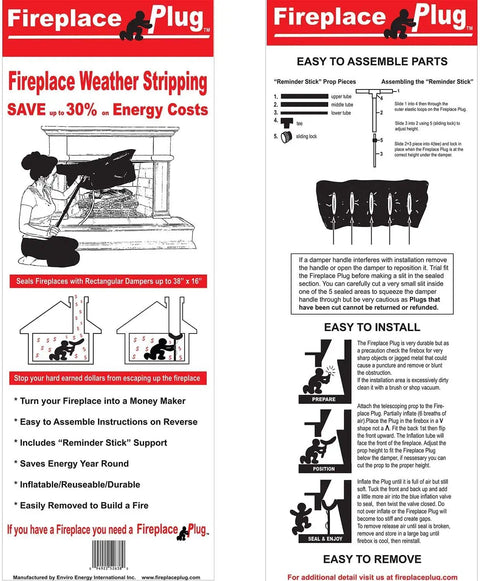 Heavy Duty Inflatable Fireplace Draft Stopper Plugs Under Masonry Damper Up To 38X16 showing assembly instructions and features.