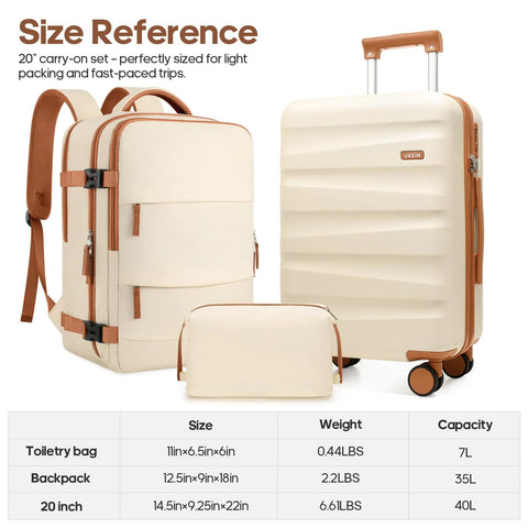 UKEIN 3-piece luggage set: cream polycarbonate carry-on with spinner wheels and TSA lock, backpack and toiletry bag