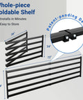 Whole-piece foldable shelf with patent-pending design, dimensions 72x24 inches, shown in folded and unfolded views.