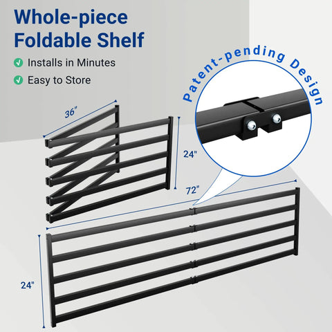 Whole-piece foldable shelf with patent-pending design, dimensions 72x24 inches, shown in folded and unfolded views.