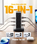Heavy Duty Tower Power Strip Game Changing Surge Protection With Retractable Cable Featuring Twelve Wide AC Outlets Plus Four Fast Charging USB Ports For Easy Setup on a desk with connected devices.