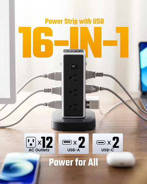 Heavy Duty Tower Power Strip Game Changing Surge Protection With Retractable Cable Featuring Twelve Wide AC Outlets Plus Four Fast Charging USB Ports For Easy Setup on a desk with connected devices.
