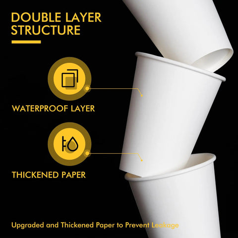 8 Oz Disposable Coffee Cups 500 Pack with waterproof and thickened paper layers, ideal for hot coffee, tea, water, or juice.