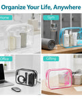 TSA Approved Clear Toiletry Bags Set, 5 Pack In 5 Colors for home, gym, office, and gifting, displayed with items inside.