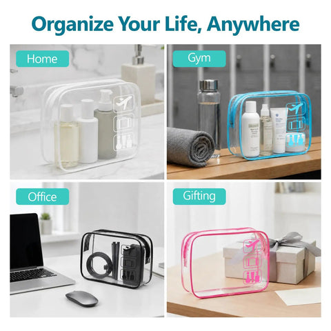 TSA Approved Clear Toiletry Bags Set, 5 Pack In 5 Colors for home, gym, office, and gifting, displayed with items inside.
