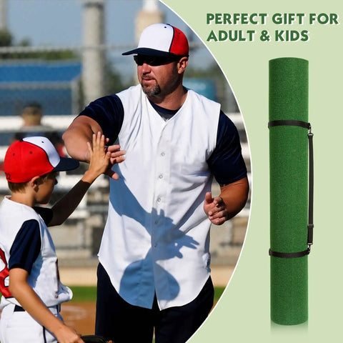 Image of a 12 X 6 Ft Baseball Softball Batting Mat With Inlaid Home Plate And 5 mm Non Slip Backing, rolled with carrying strap.