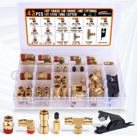 43 Piece Brass DOT Air Brake Fitting Kit With Push To Connect 1/4 In 3/8 In 1/2 In Quick Connect And NPT Thread Tubing Fittings For Truck