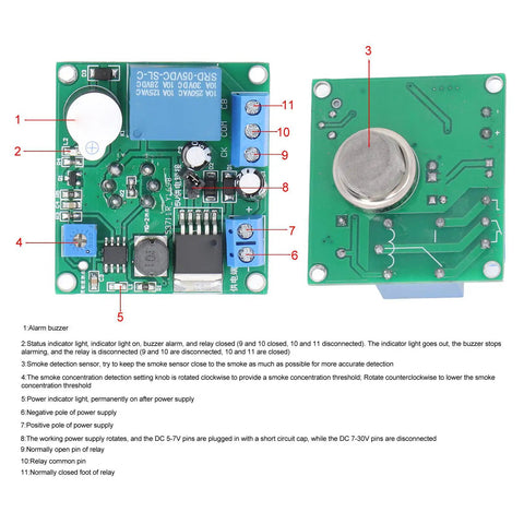 Top Shelf MQ2 Smoke Detector Module With Loud Buzzer Alert And Proven Relay Switch, Reverse Connection Guard For Kitchens And Hotels, No Sweat Plug And Play DC Setup, top view with detailed wiring layout.