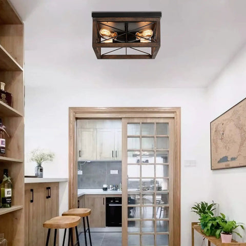 4-Light Farmhouse Flush Mount Ceiling Light With Black Rustic Finish, Wood Accents, E26 Base, Industrial Vintage Ceiling Fixture For Hallway, Entryway, Laundry, Kitchen And Bedroom Perfect For Hallways, Foyers And Other Living Areas For A Retro Vibe