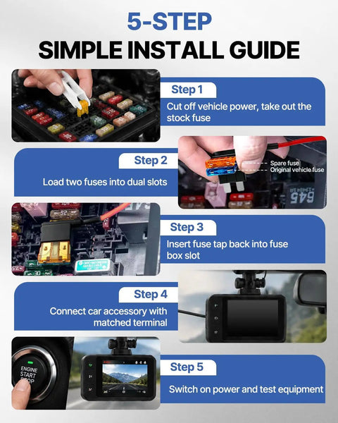 5-step installation guide for Top Shelf Ride Ready 12V Add A Circuit Fuse Taps with visuals on each step.