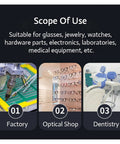 Top Notch Digital Ultrasonic Cleaner Bath For Jewelry Glasses And Manicure Stones shows its use in various fields like factory, optical shop, and dentistry.