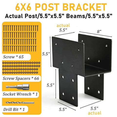 Heavy Duty 6x6 Post Brackets Kit 4 Pack For 5.5x5.5 Actual Wood Posts Beam Support Tie Bracket For Gazebo Pergola Deck Porch Steel Gap Free Rock Solid Connections