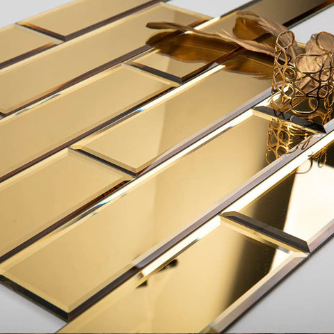Peel And Stick Beveled Gold Mirror Tiles Subway Mosaic Backsplash Kit 3x12 In Glass For Kitchen And Bathroom, 20 Sheets, 5 Sq Ft Total