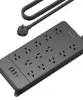 Black Beefy 13 Outlet Surge Protector Power Strip With 4 USB Ports And USB C Charging ETL Listed 1875W with flat plug and 5ft cord