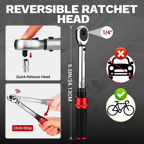 Pro Grade 26 Piece Bike Torque Wrench Set With One Quarter Inch Drive For Mountain Bikes, 20 To 200 InLb Range, 2.3 To 22.2 Nm, 72 Tooth Dual Direction Adjustable, Includes Bits Sockets Extension Bar And Universal Joint. 1/4 in drive reversible ratchet head torque wrench for bike maintenance