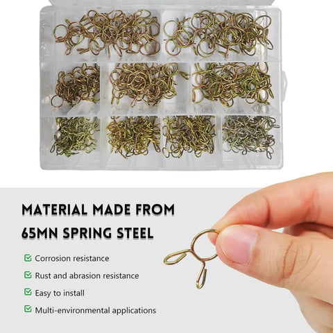 Heavy Duty Spring Hose Clamps Kit 310 Pieces 5 To 13mm Double Wire Fuel Line Clamps shown in organized box