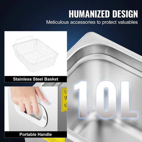 10L Pro-Grade Ultrasonic Cleaning System for Jewelry, Dentures, Instruments, Stainless Steel Basket and Handle