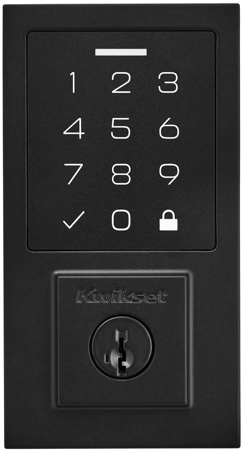 Contemporary SmartCode Touchpad Electronic Deadbolt With SmartKey 9270CNT-514S Matte Black Finish close-up of keypad interface.