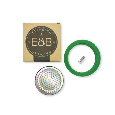 Three In One Espresso Tune Up Kit For Home Machines, IMS NanoQuartz Reinforced 200 Micron Shower Screen, Cafelat Green Gasket, Flat Stainless Screw, Fits Rancilio Silvia And Promac Models displayed with packaging.