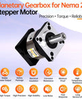 Image of a planetary gearbox for Nema 23 stepper motor with precision, torque, reliability icons and descriptions.