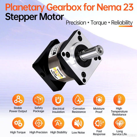 Image of a planetary gearbox for Nema 23 stepper motor with precision, torque, reliability icons and descriptions.