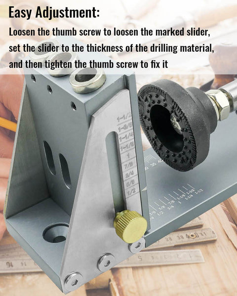 Side view of Pro Grade All Metal Pocket Hole Jig Kit For Woodworking, featuring adjustable sliding scale and thumb screw detail.