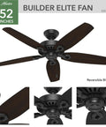 52 Inch Matte Black Ceiling Fan With Pull Chain No Light Damp Rated For Indoor Outdoor Use Standard Mount Five Blades Ideal For Patio Porch And Living Room