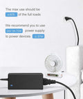 24V 3A 72W AC To DC Power Supply for LED Strips 5050 3528 and CCTV cameras connected to a fan, showing plug and cable in use