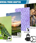 Images of animals and nature viewed through spotting scopes, binoculars, microscopes, and night vision scopes with universal phone adapter.