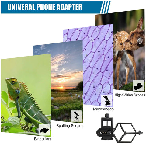Images of animals and nature viewed through spotting scopes, binoculars, microscopes, and night vision scopes with universal phone adapter.