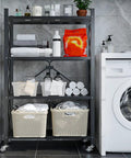 Nix The Clutter With This Game Changing Heavy Duty Folding Metal Organizer Shelf In Crisp White Featuring Three Tier Durable Wire Rack Versatile Display Stand And Multi Purpose Bookshelf For Home in a modern laundry setting.