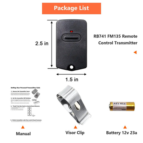Package list showing RB741 Gate Opener Remote 318MHz 9 Dip FM135 Transmitter For MM371W MM572W MM562 MM360 GTO Gate Openers
