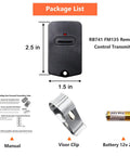 Remote Gate Opener Transmitter 318MHz FM135 9 Dip 3 Position For Gate Openers MM371W MM572W And More 2 Pack Gate Clicker Garage Door Entry Controllers package contents showing transmitter, manual, visor clip, and battery
