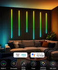 Galental RGB+IC Slat Wall Lights, Led Recessed Lighting, DIY Lights, 6 Pack glowing on a slat wall above a cozy living room.