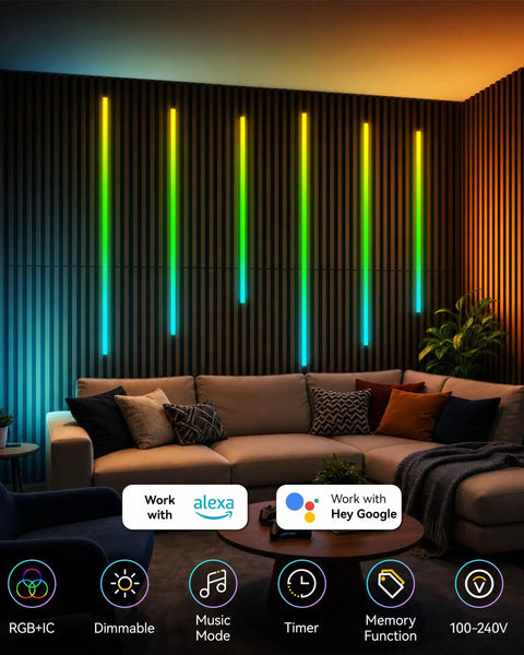 Galental RGB+IC Slat Wall Lights, Led Recessed Lighting, DIY Lights, 6 Pack glowing on a slat wall above a cozy living room.