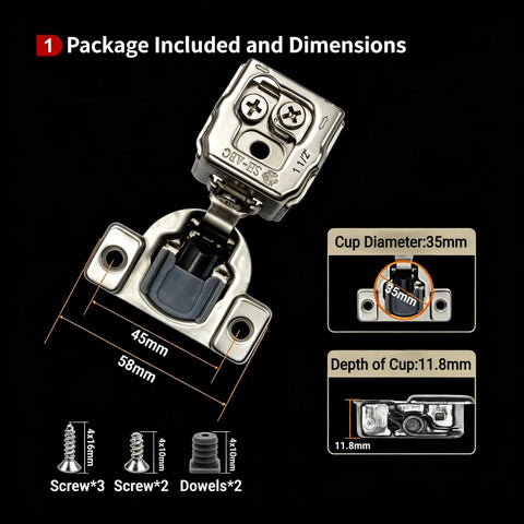 20 Pack 1.5 Inch Overlay Soft Close Cabinet Hinges with dimensions, screws, and dowels shown, 35mm cup diameter, 11.8mm depth
