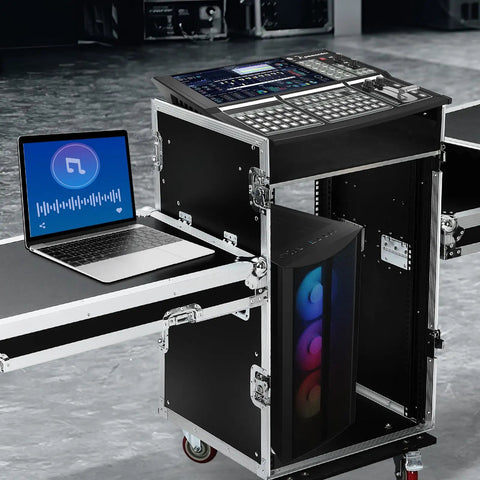 Slick Extra Heavy Duty 16U Rolling Rack Case With Six Smooth Casters And Two Folding Side Tables Great For DJ Mixers Studio Controllers Amplifiers Pro Gear Hauler