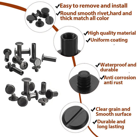Hella Tough Chicago Screws Kit With 120 Sets Of Versatile Leather Rivets Includes Two Solid Install Tools showing durable black rivets