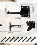 Self Locking Gate Latch For Wooden Fences With Mounting Screws, Easy Install Gravity Action Latch, Strike Plate And Hardware Included For Quick No Fuss Secure Gate Closure. Black steel gate latch with 8 screws, dimensions shown