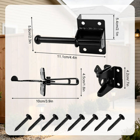 Self Locking Gate Latch For Wooden Fences With Mounting Screws, Easy Install Gravity Action Latch, Strike Plate And Hardware Included For Quick No Fuss Secure Gate Closure. Black steel gate latch with 8 screws, dimensions shown